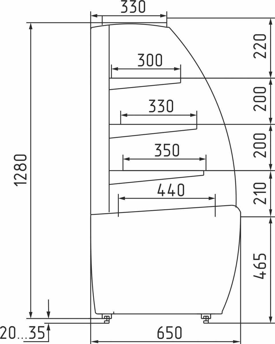 Витрина нейтральная напольная ПОЛЮС K70 N 0,9-1 LIGHT 0012-0109 (Нейтральная 0,9 CARBOMA)
